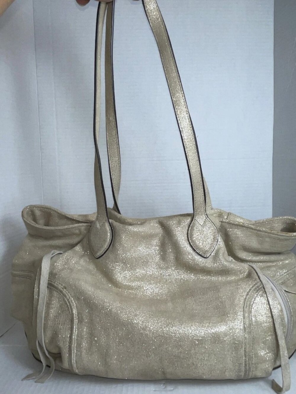 Aimee Kestenberg Leather Satchel Purse cream gold Metallic